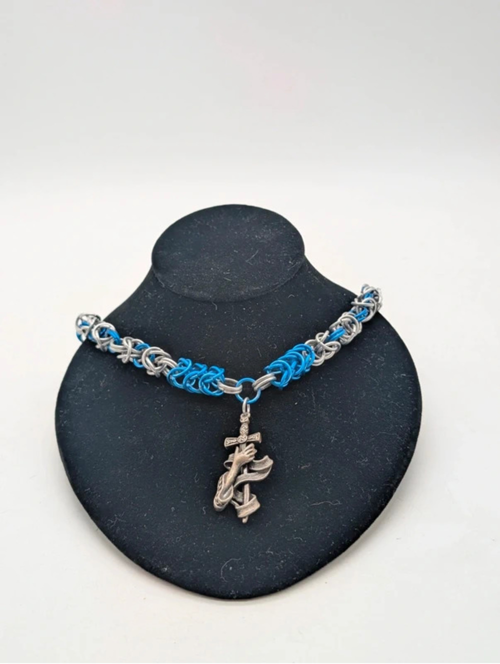 Gothic Celtic Sword Chainmaille Necklace Blue Silver 22" Lady of the Lake